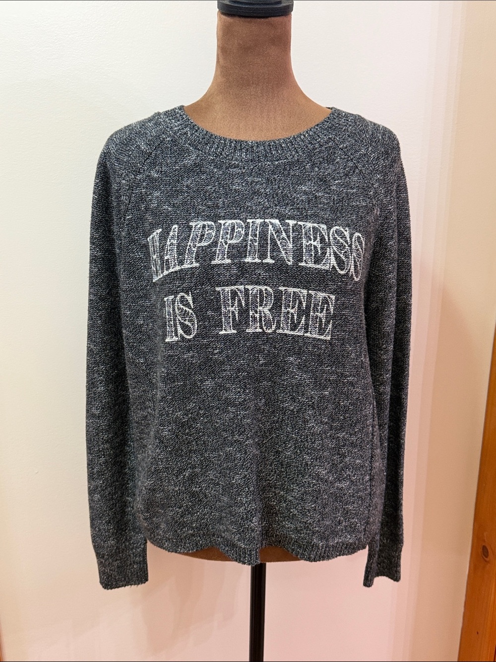 Brokedown. Gray Sweater with 'Happiness is Free' Design. NWOT. Size M.